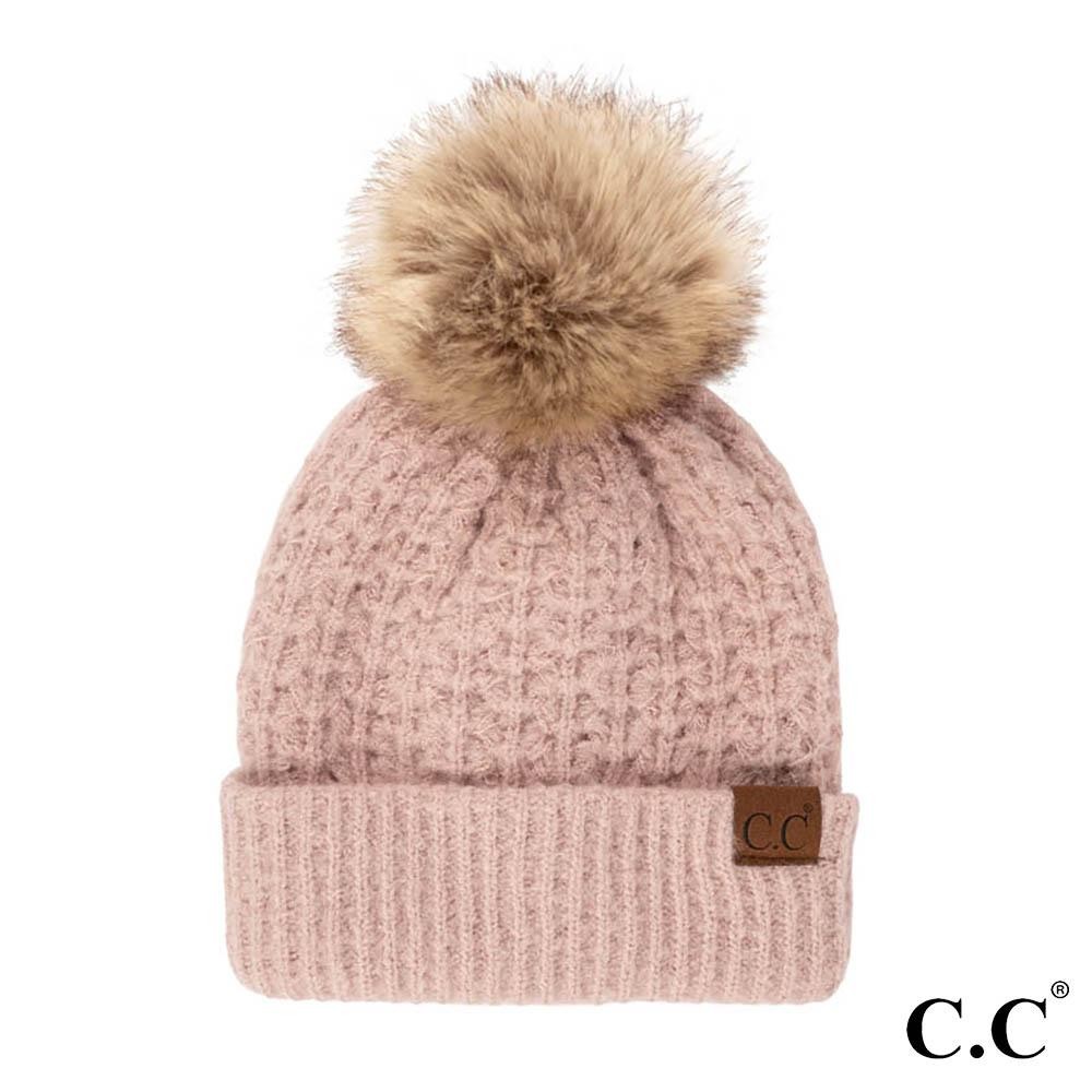 C.C HAT-2080 Smocking Stitch Pattern Beanie with Faux Fur Pom - One Size Fits Most - 100% Acrylic view 2