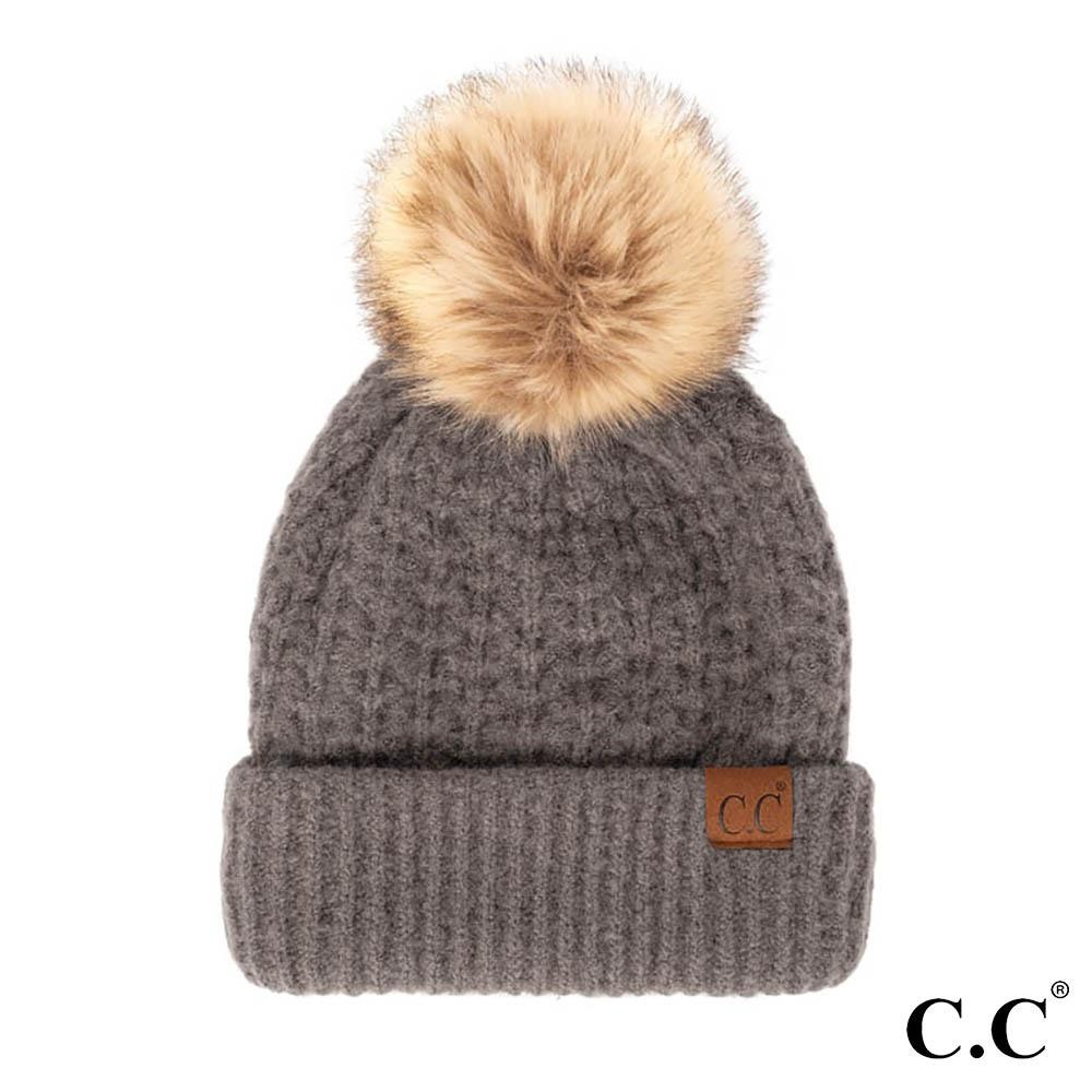 C.C HAT-2080 Smocking Stitch Pattern Beanie with Faux Fur Pom - One Size Fits Most - 100% Acrylic view 2