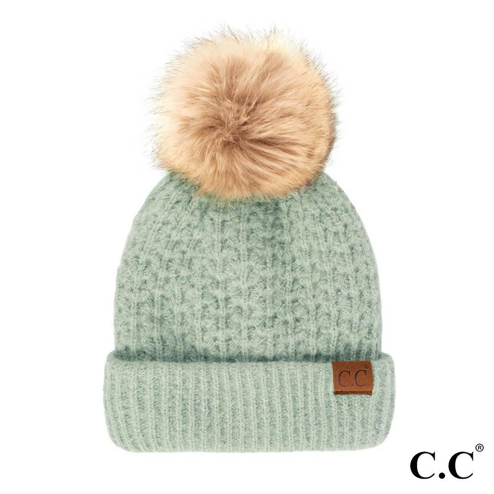 C.C HAT-2080 Smocking Stitch Pattern Beanie with Faux Fur Pom - One Size Fits Most - 100% Acrylic view 2