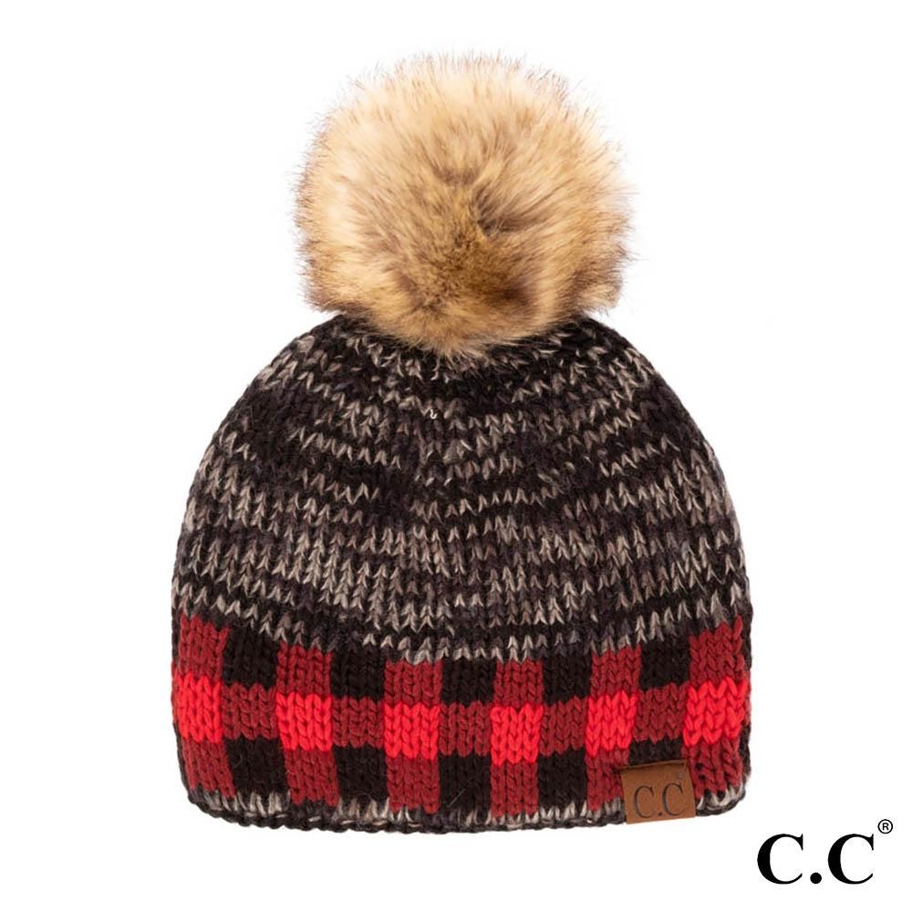 C.C HAT-2083 Fuzzy Lined Knit with Checker Print Faux Fur Pom Beanie. - 100% Acrylic - One Size Fits Most view 2