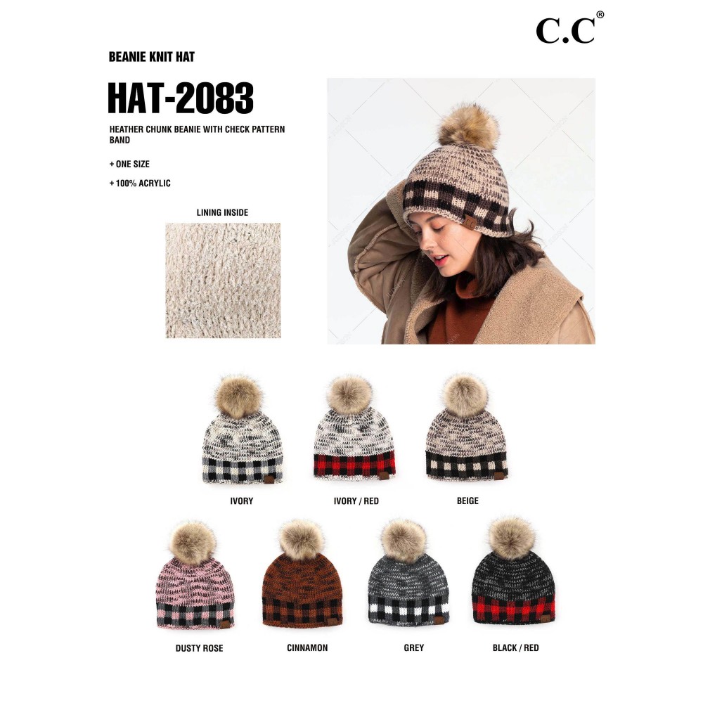 C.C HAT-2083 Fuzzy Lined Knit with Checker Print Faux Fur Pom Beanie. - 100% Acrylic - One Size Fits Most view 4