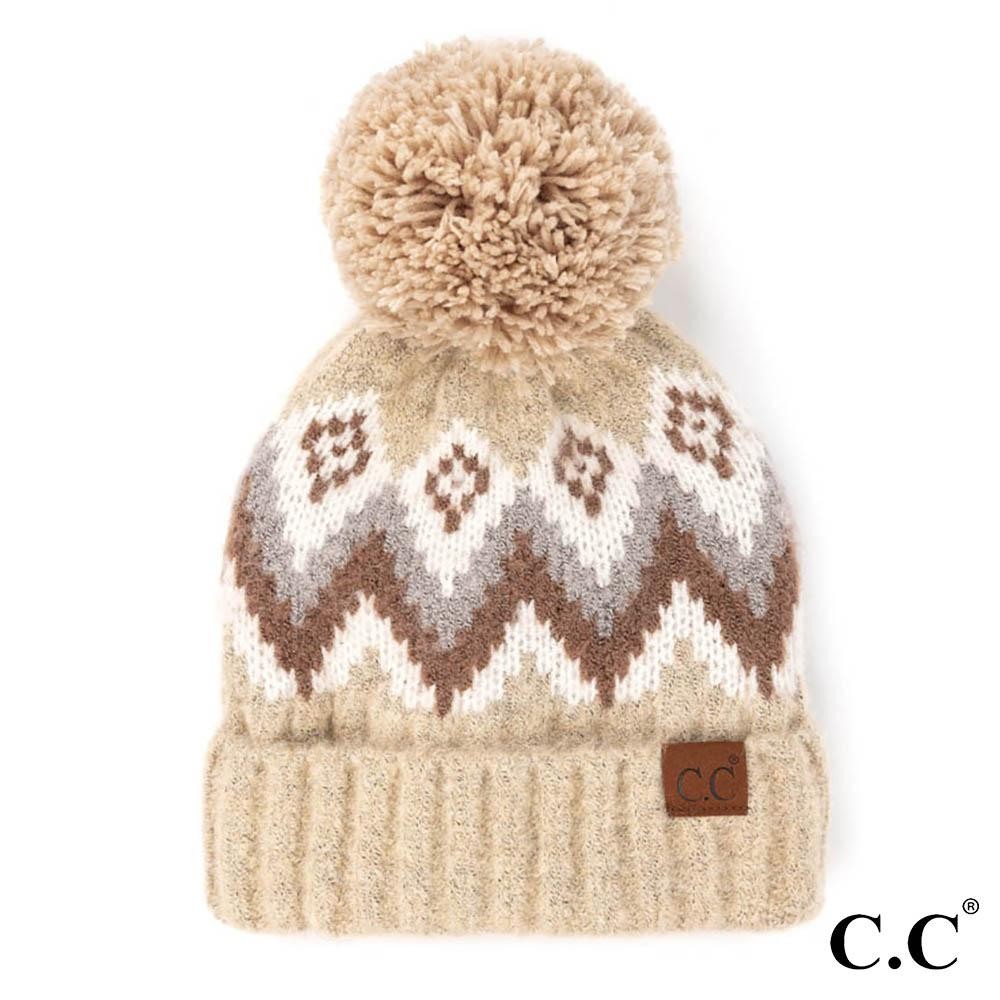 C.C HAT-3816 Aztec Chevron Pattern Cuff Beanie With Knit Pom - 75% Acrylic / 25% Nylon - One Size Fits Most view 2