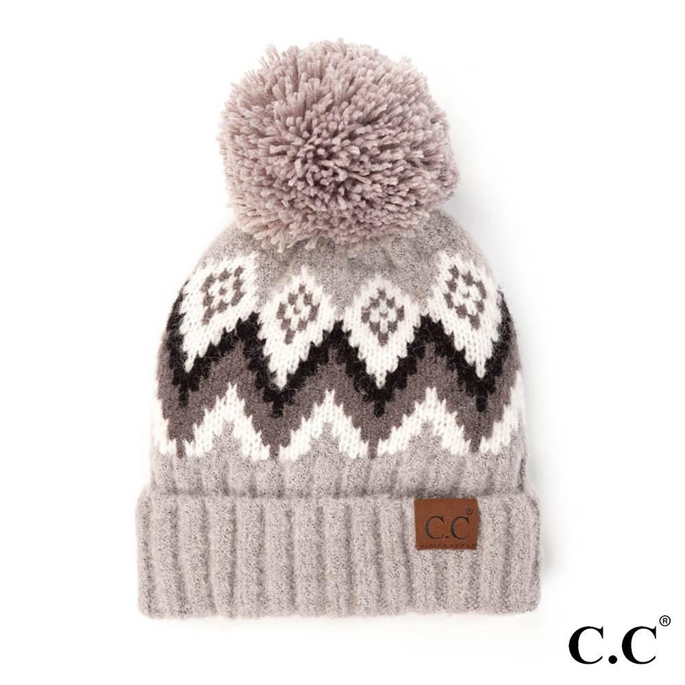 C.C HAT-3816 Aztec Chevron Pattern Cuff Beanie With Knit Pom - 75% Acrylic / 25% Nylon - One Size Fits Most view 2