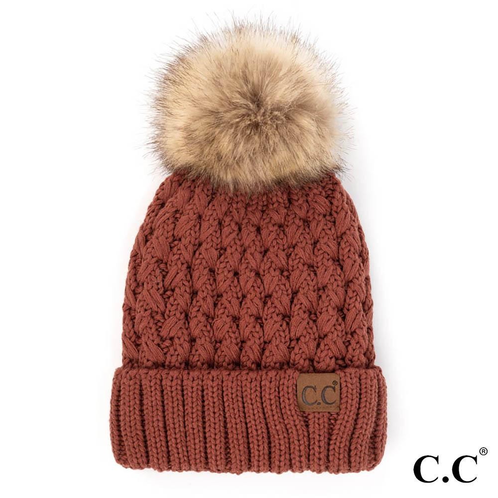 C.C YJ-826 Lattice Crossover Stitch Pattern Knit Pom Beanie - One Size Fits Most - 100% Acrylic - Lined view 2