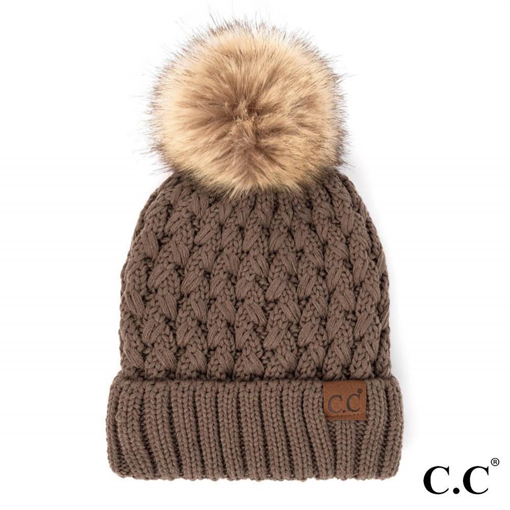 C.C YJ-826 Lattice Crossover Stitch Pattern Knit Pom Beanie - One Size Fits Most - 100% Acrylic - Lined view 2