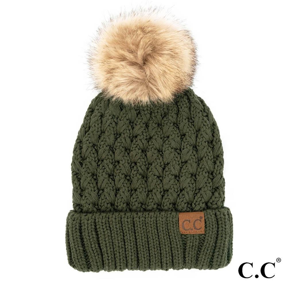 C.C YJ-826 Lattice Crossover Stitch Pattern Knit Pom Beanie - One Size Fits Most - 100% Acrylic - Lined view 2