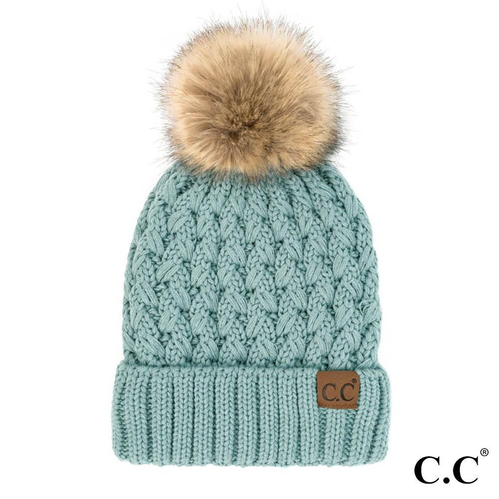 C.C YJ-826 Lattice Crossover Stitch Pattern Knit Pom Beanie - One Size Fits Most - 100% Acrylic - Lined view 2