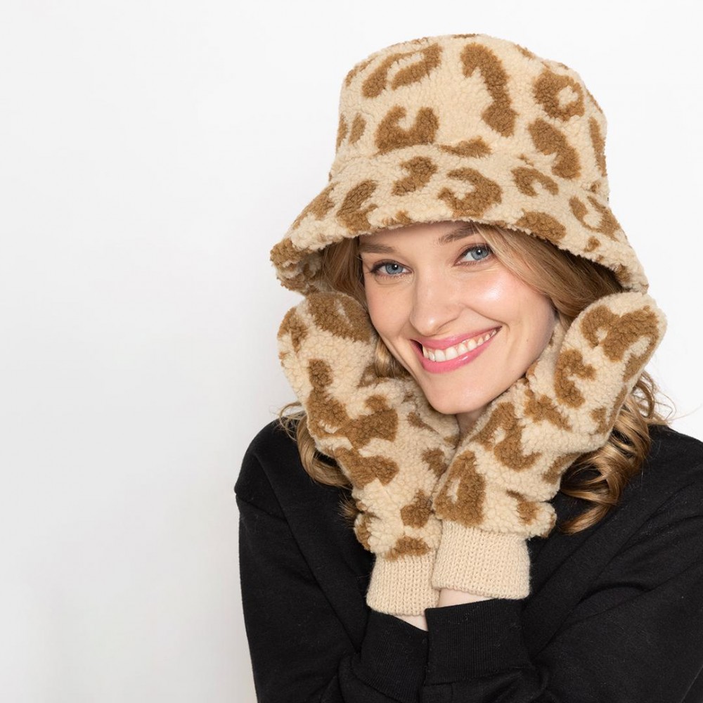 Animal Print Sherpa Bucket Hat - One Size Fits Most - Adjustable Drawstring - 100% Polyester view 2