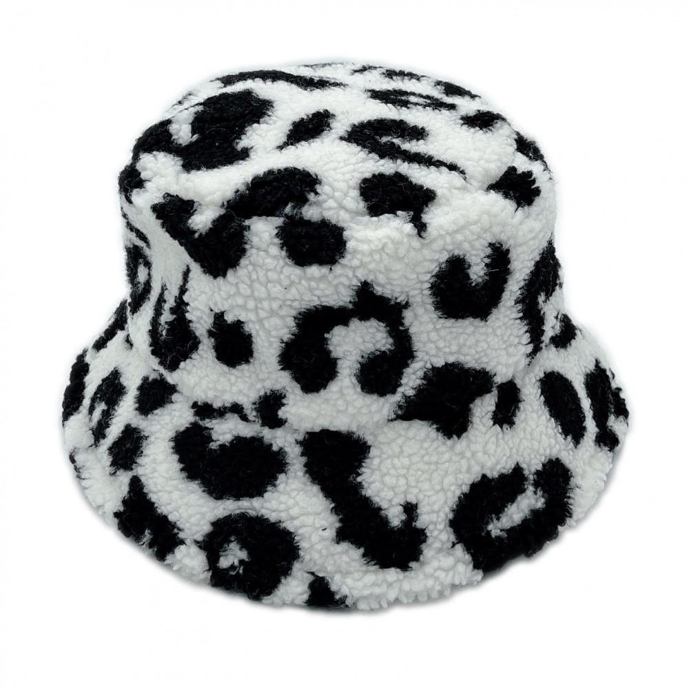 Animal Print Sherpa Bucket Hat - One Size Fits Most - Adjustable Drawstring - 100% Polyester view 2