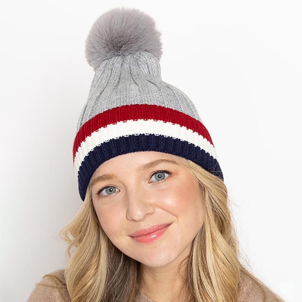 Do Everything In Love Faux Fur Pom Knit Beanie Featuring Stripes. - One Size Fits Most 0-14 - 100% Acrylic view 2