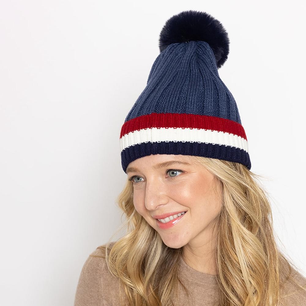 Do Everything In Love Faux Fur Pom Knit Beanie Featuring Stripes. - One Size Fits Most 0-14 - 100% Acrylic view 2