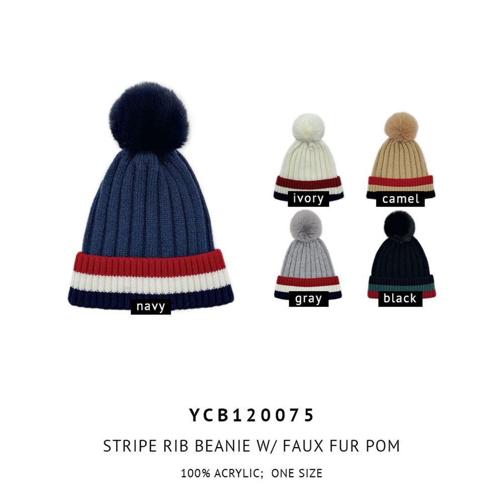 Do Everything In Love Faux Fur Pom Knit Beanie Featuring Stripes. - One Size Fits Most 0-14 - 100% Acrylic view 4
