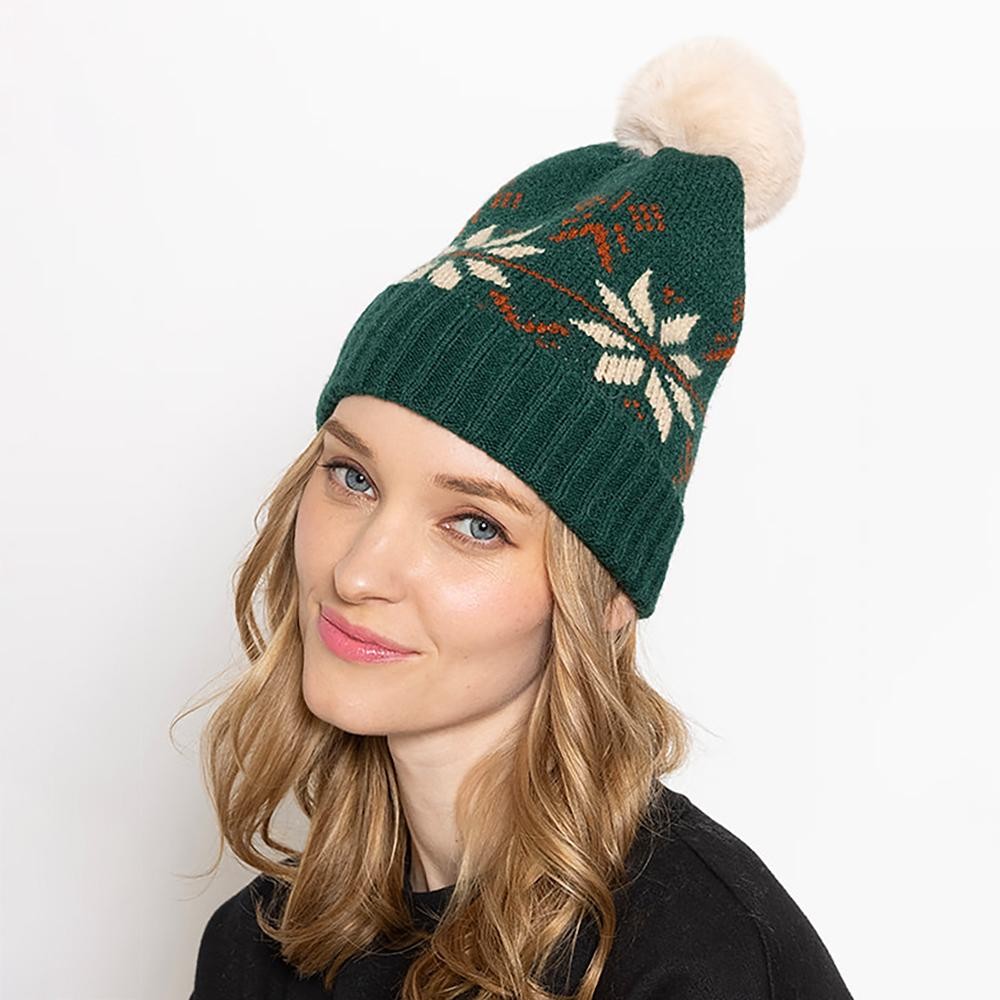 Snowflake Knit Beanie With Pom - One Size Fits All - 100% Acrylic view 2