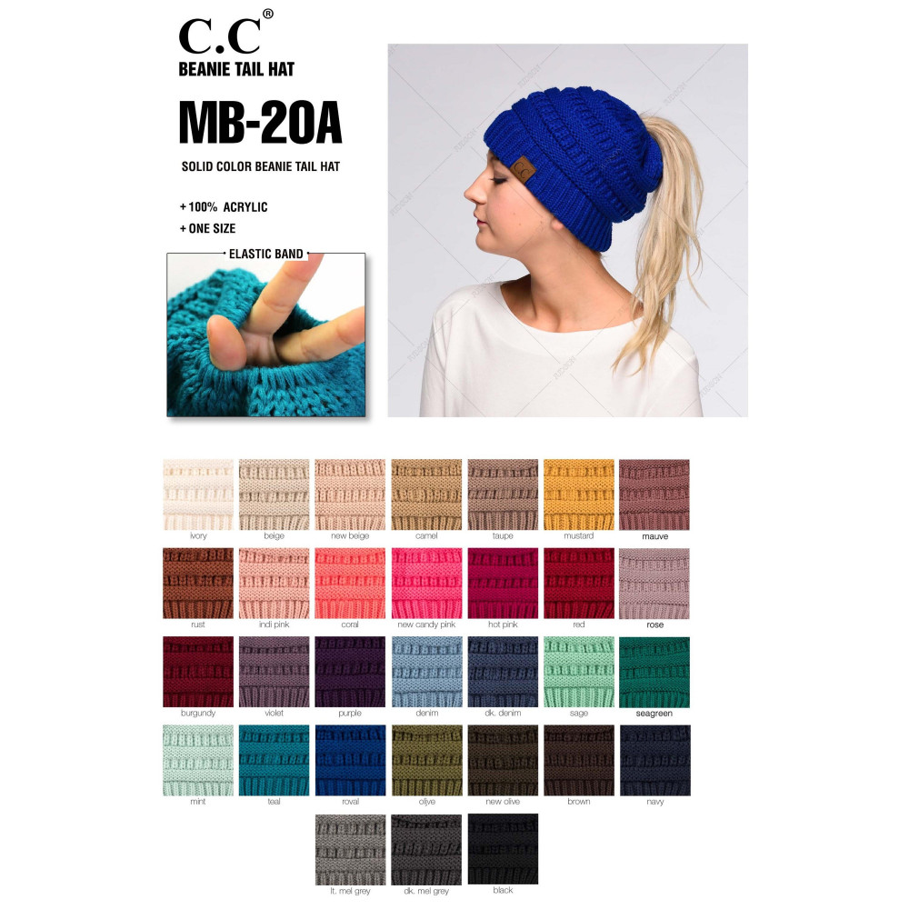C.C MB-20A Solid color beanie tail hat "The Original" messy bun beanie - 100% Acrylic - One size fits most - Matches: HAT-20A, G-20 and SF-800 view 4