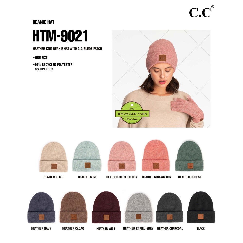 C.C HTM-9021 Heather Knit Beanie Hat C.C Sude Patch - One Size Fits Most - 97% Recycled Polyester / 3% Spandex view 4
