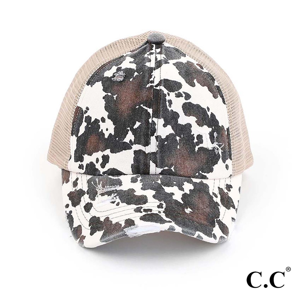 C.C Pony Cap BT-938 Distressed Cow Print Criss Cross Pony Cap with Mesh Back - One size fits most - Elastic criss cross ponytail opening - Adjustable Velcro Closure - 60% Cotton / 40% Polyester view 2