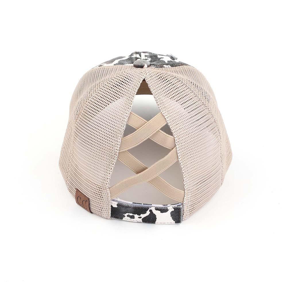 C.C Pony Cap BT-938 Distressed Cow Print Criss Cross Pony Cap with Mesh Back - One size fits most - Elastic criss cross ponytail opening - Adjustable Velcro Closure - 60% Cotton / 40% Polyester view 4