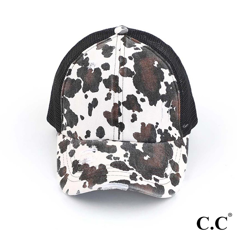 C.C Pony Cap BT-938 Distressed Cow Print Criss Cross Pony Cap with Mesh Back - One size fits most - Elastic criss cross ponytail opening - Adjustable Velcro Closure - 60% Cotton / 40% Polyester view 2