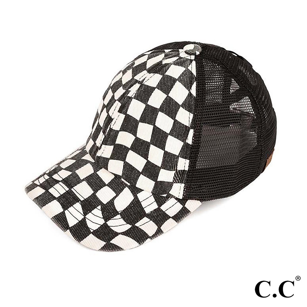 C.C Pony Cap BT-1008 Checkered Criss Cross Pony Cap with Mesh Back - One size fits most - Elastic criss cross ponytail opening - Adjustable Velcro Closure - 60% Cotton / 40% Polyester view 2