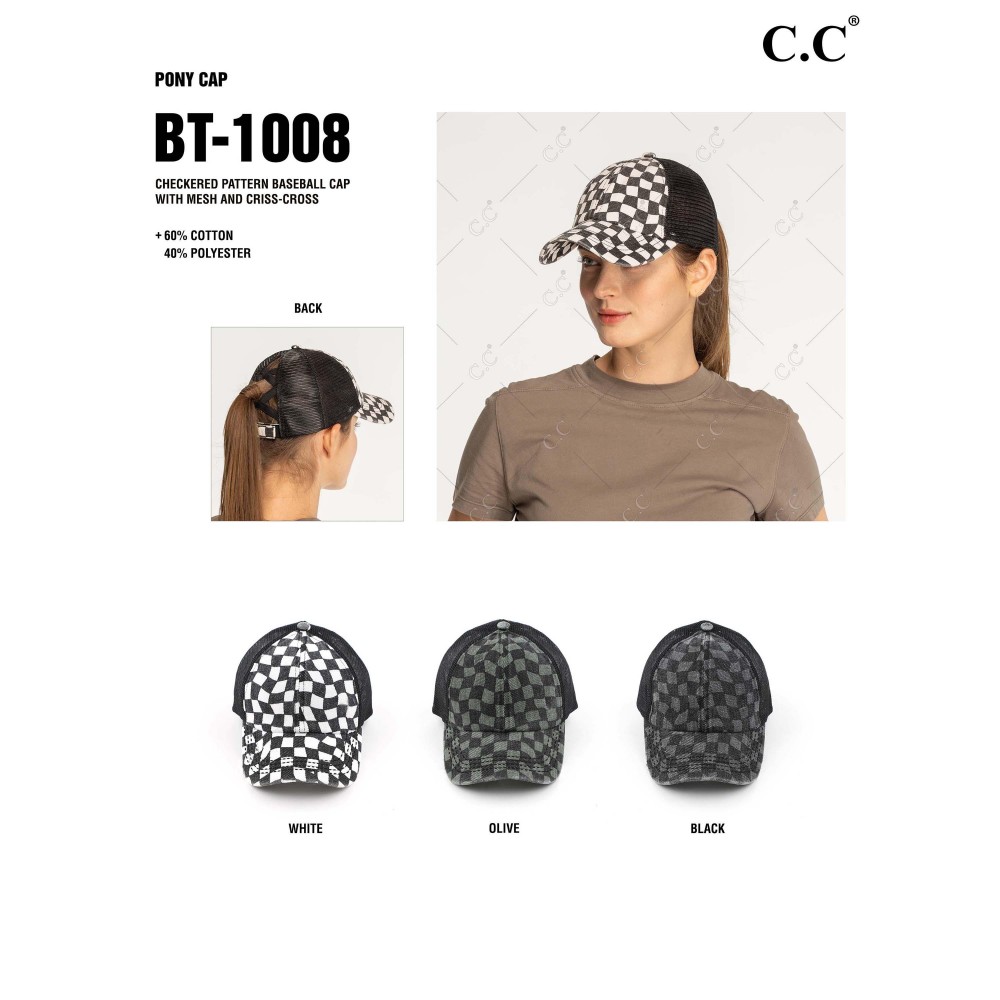 C.C Pony Cap BT-1008 Checkered Criss Cross Pony Cap with Mesh Back - One size fits most - Elastic criss cross ponytail opening - Adjustable Velcro Closure - 60% Cotton / 40% Polyester view 4