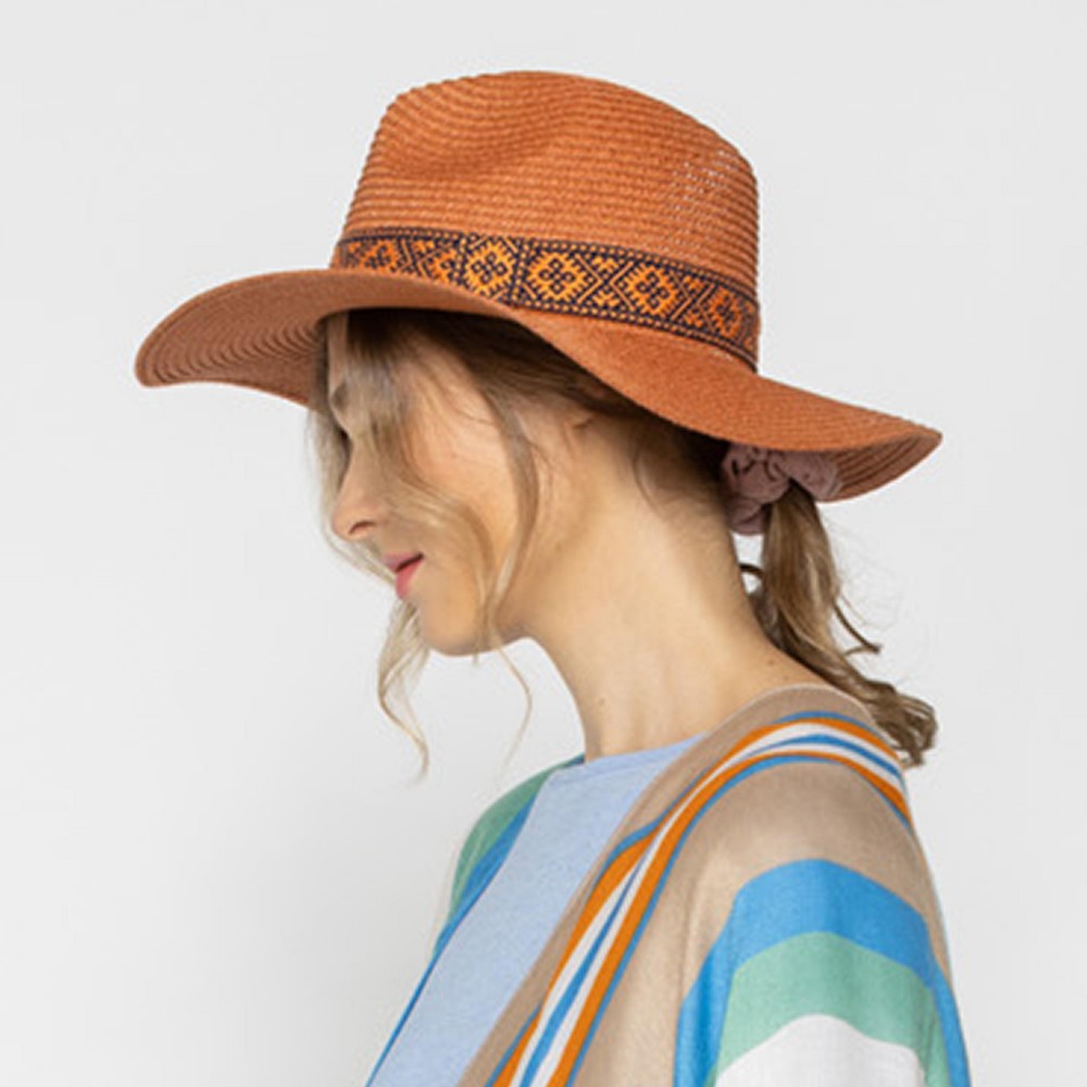 Straw Panama Hat With Aztec Trim - One Size Fits Most - Adjustable Drawstring Inside Hat - 100% Paper Straw - Hat Brim Approximately 3.25" W view 2
