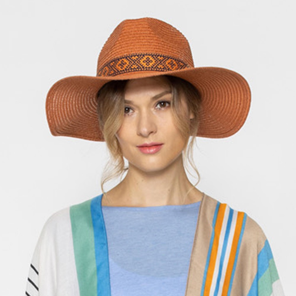 Straw Panama Hat With Aztec Trim - One Size Fits Most - Adjustable Drawstring Inside Hat - 100% Paper Straw - Hat Brim Approximately 3.25" W view 4