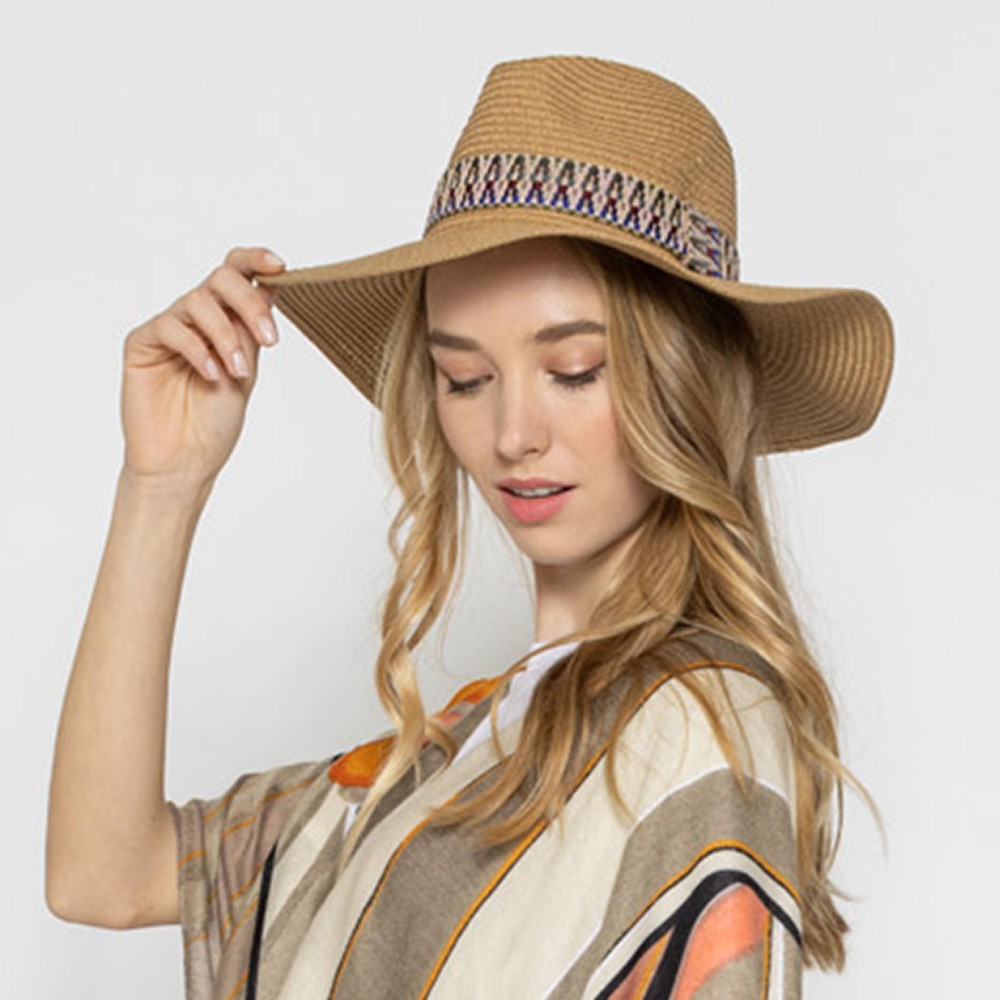 Straw Panama Hat With Aztec Trim - One Size Fits Most - Adjustable Drawstring Inside Hat - 100% Paper Straw - Hat Brim Approximately 3.5" W view 2