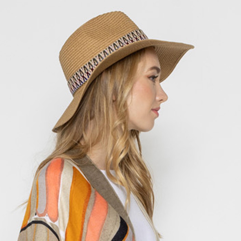 Straw Panama Hat With Aztec Trim - One Size Fits Most - Adjustable Drawstring Inside Hat - 100% Paper Straw - Hat Brim Approximately 3.5" W view 4