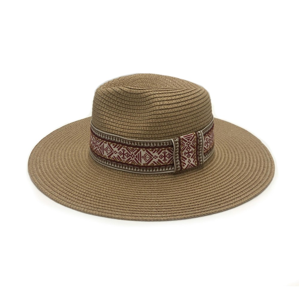 Straw Panama Hat With Tribal Pattern Band - One Size Fits Most - Adjustable Drawstring - Hat Brim Approximately 3.5" W - 100% Paper Straw view 6