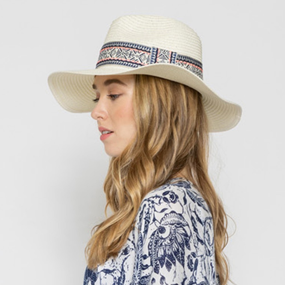 Straw Panama Hat With Tribal Pattern Band - One Size Fits Most - Adjustable Drawstring - Hat Brim Approximately 3.5" W - 100% Paper Straw view 4
