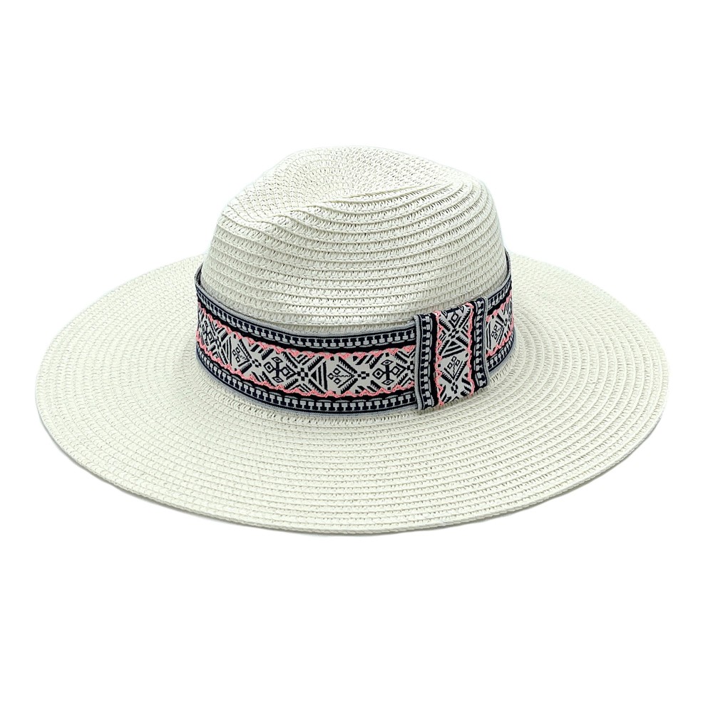 Straw Panama Hat With Tribal Pattern Band - One Size Fits Most - Adjustable Drawstring - Hat Brim Approximately 3.5" W - 100% Paper Straw view 6