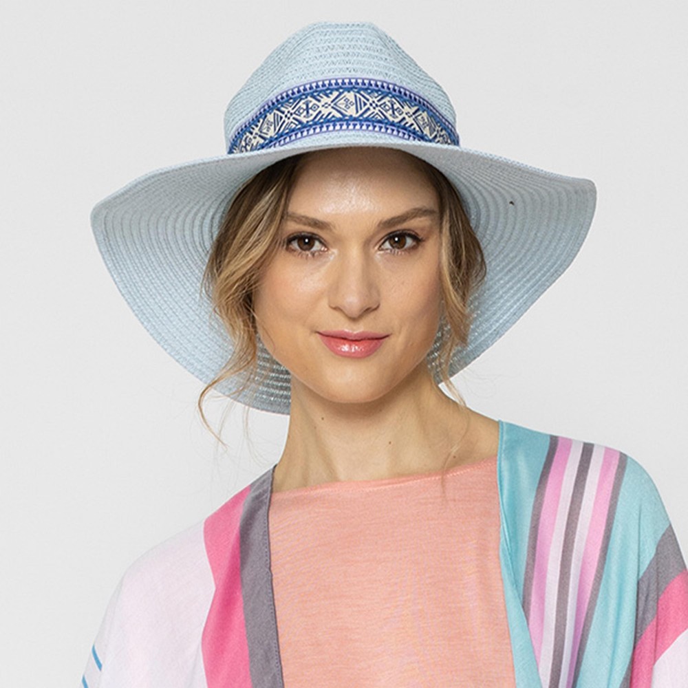 Straw Panama Hat With Tribal Pattern Band - One Size Fits Most - Adjustable Drawstring - Hat Brim Approximately 3.5" W - 100% Paper Straw view 2