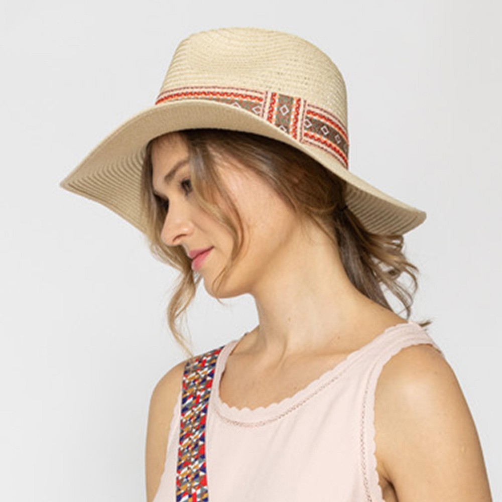 Straw Panama Hat Featuring Aztec Trim - One Size Fits Most - Adjustable Drawstring Inside Hat - 100% Paper Straw - Hat Brim Approximately 3.5" W view 2