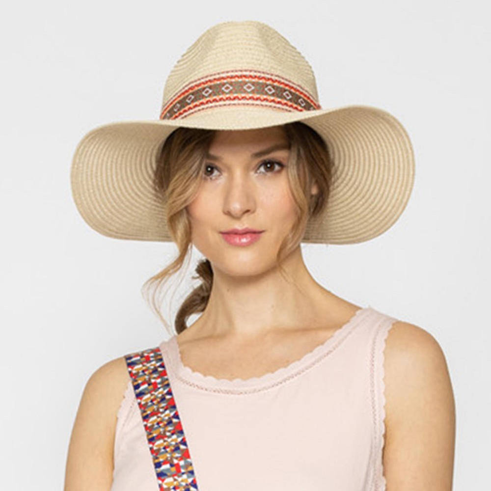 Straw Panama Hat Featuring Aztec Trim - One Size Fits Most - Adjustable Drawstring Inside Hat - 100% Paper Straw - Hat Brim Approximately 3.5" W view 4