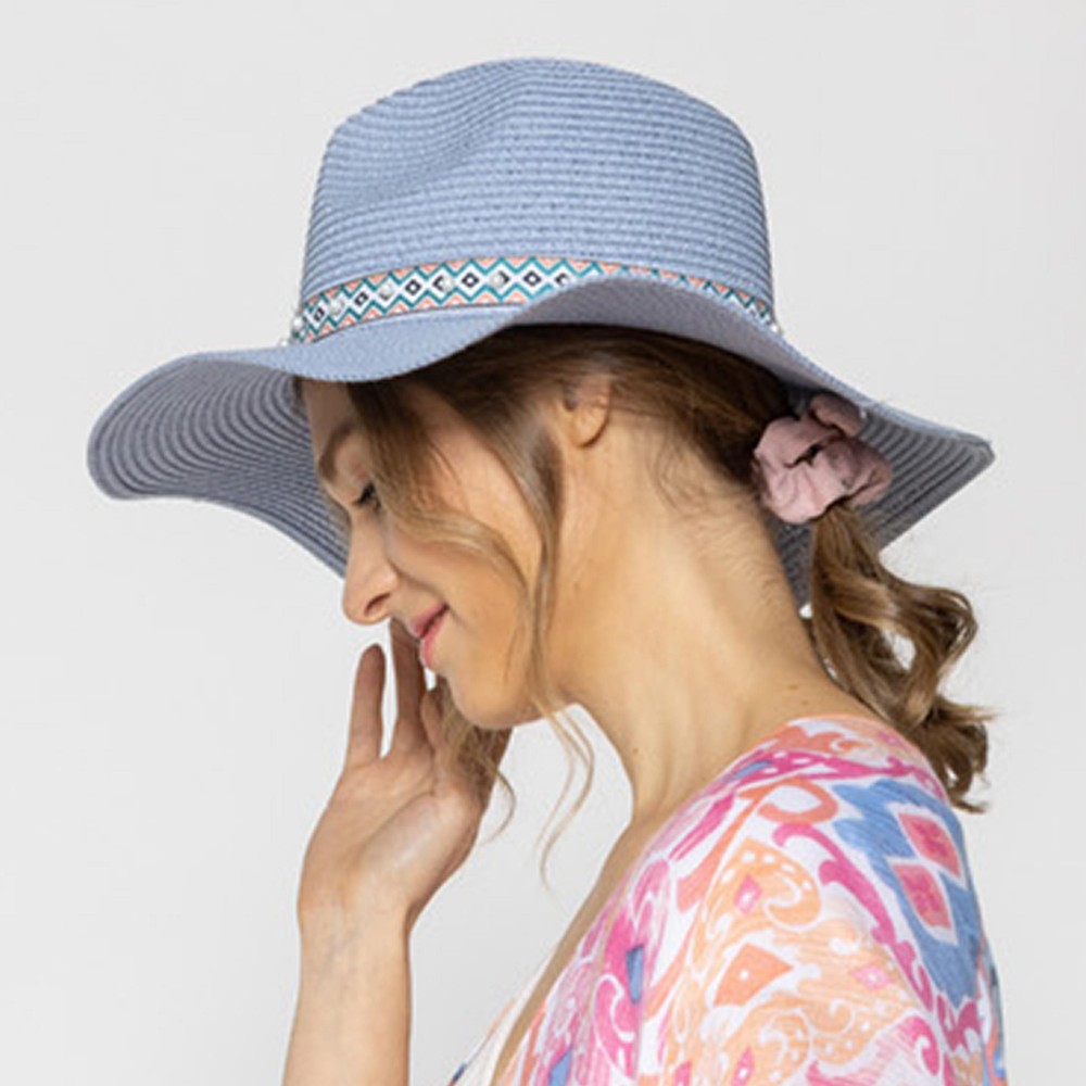 Straw Panama Hat With Aztec Band And Pearl Accents - One Size Fits Most - Adjustable Drawstring - Hat Brim Approximately 3.5" W - 100% Paper Straw view 2