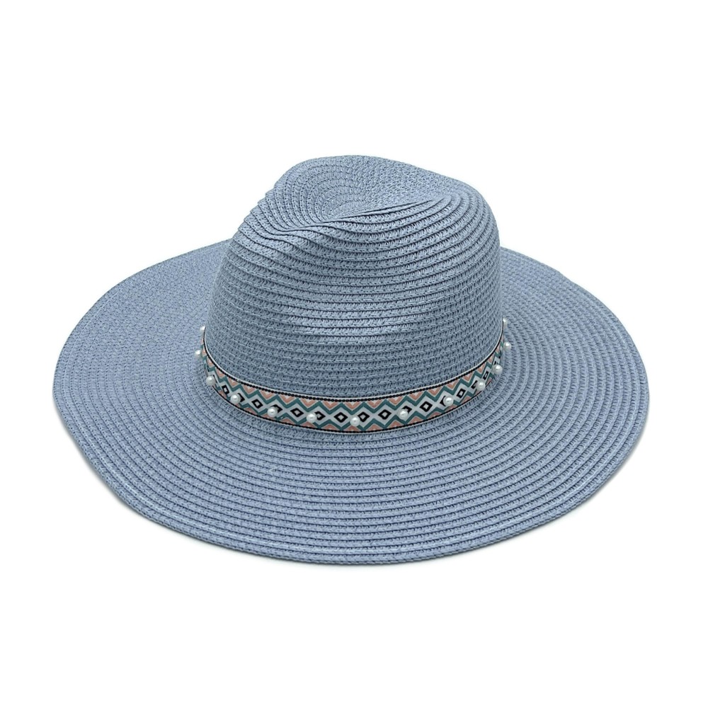 Straw Panama Hat With Aztec Band And Pearl Accents - One Size Fits Most - Adjustable Drawstring - Hat Brim Approximately 3.5" W - 100% Paper Straw view 6