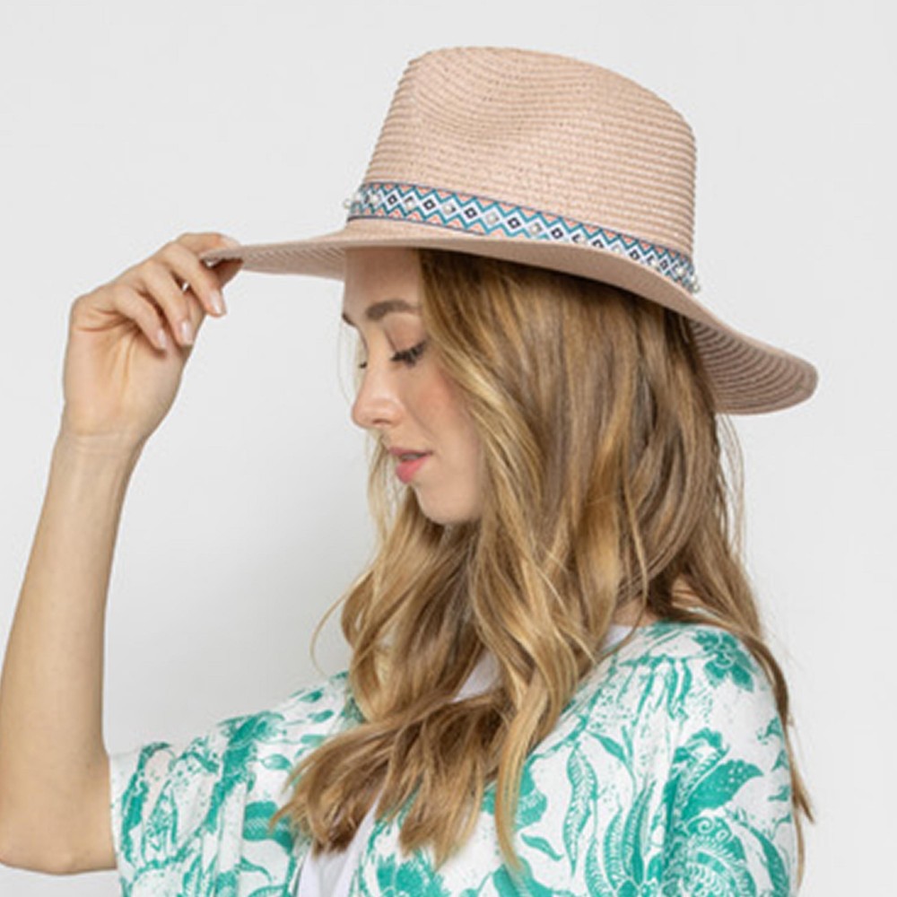 Straw Panama Hat With Aztec Band And Pearl Accents - One Size Fits Most - Adjustable Drawstring - Hat Brim Approximately 3.5" W - 100% Paper Straw view 2