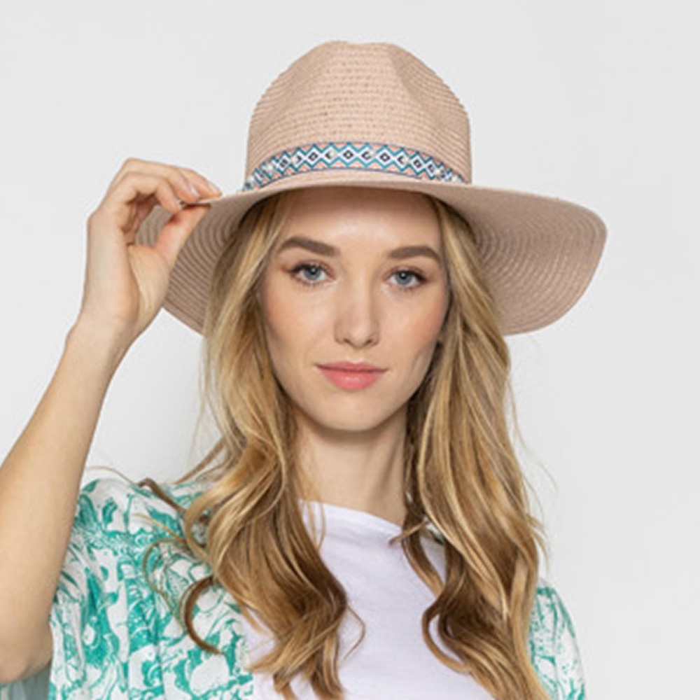 Straw Panama Hat With Aztec Band And Pearl Accents - One Size Fits Most - Adjustable Drawstring - Hat Brim Approximately 3.5" W - 100% Paper Straw view 4