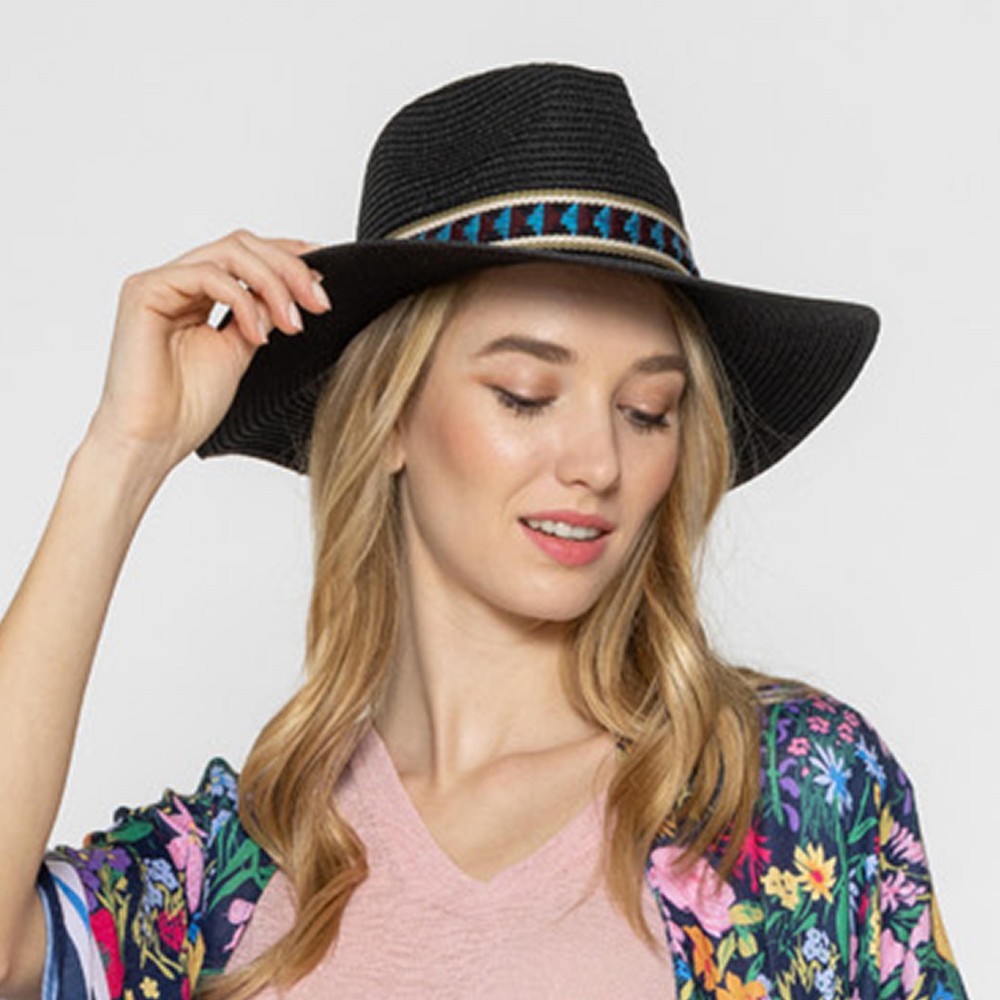 Straw Panama Hat With Aztec Band - One Size Fits Most - Adjustable Drawstring - Hat Brim Approximately 3.5" W - 100% Paper Straw view 4