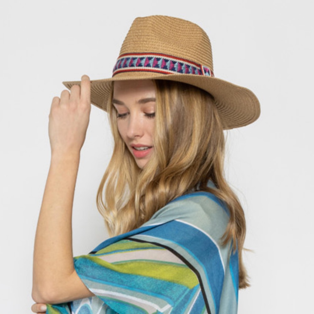 Straw Panama Hat With Aztec Band - One Size Fits Most - Adjustable Drawstring - Hat Brim Approximately 3.5" W - 100% Paper Straw view 2