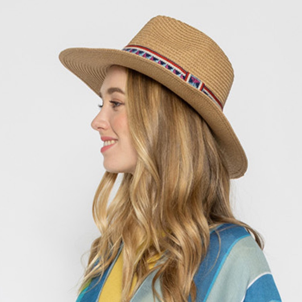 Straw Panama Hat With Aztec Band - One Size Fits Most - Adjustable Drawstring - Hat Brim Approximately 3.5" W - 100% Paper Straw view 4