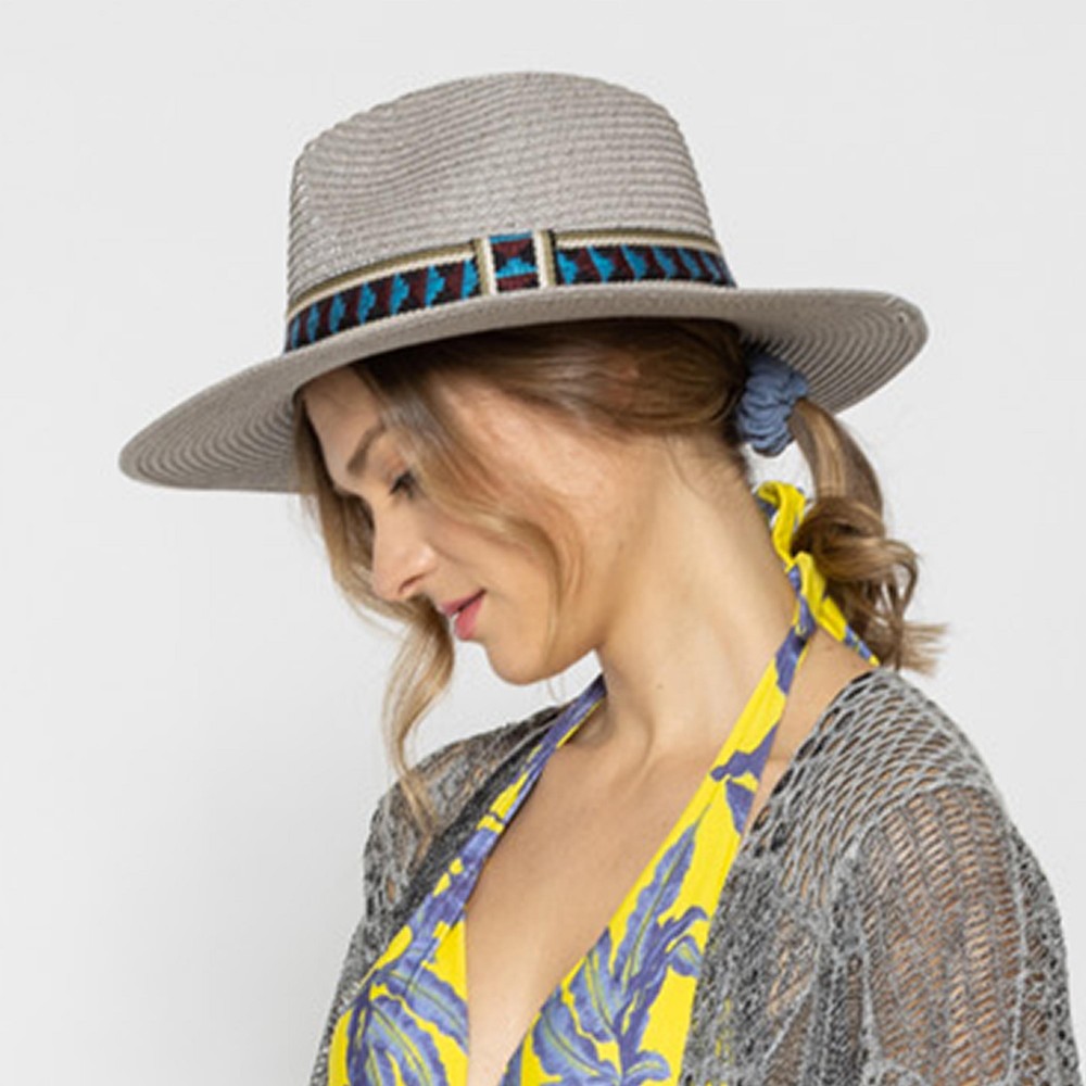 Straw Panama Hat With Aztec Band - One Size Fits Most - Adjustable Drawstring - Hat Brim Approximately 3.5" W - 100% Paper Straw view 2