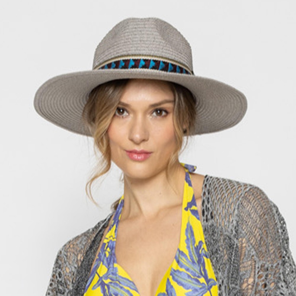 Straw Panama Hat With Aztec Band - One Size Fits Most - Adjustable Drawstring - Hat Brim Approximately 3.5" W - 100% Paper Straw view 4