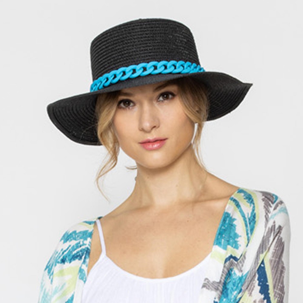 Straw Panama Hat With Coated Chain Link Trim - One Size Fits Most - Adjustable Drawstring Inside Hat - 100% Paper Straw - Hat Brim Approximately 4.5" W - Black With Blue Rubber Coated Chain view 4