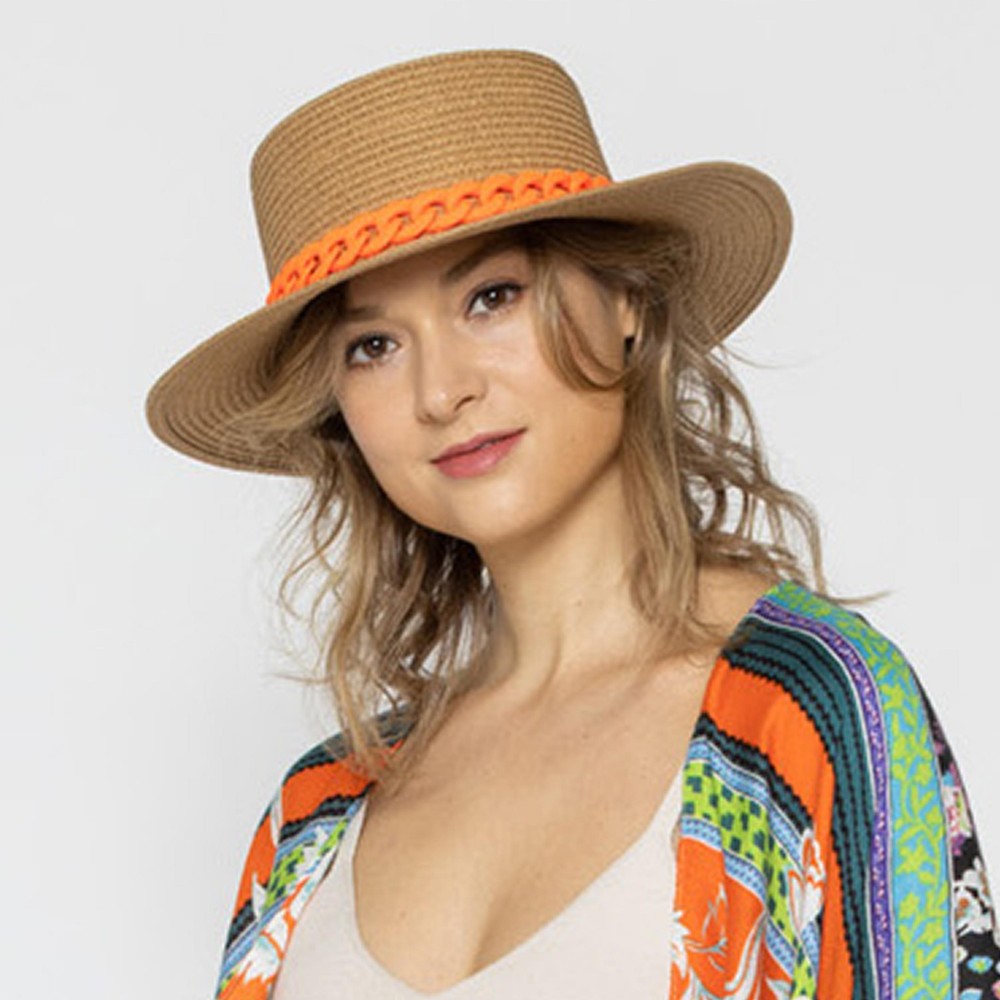 Straw Panama Hat With Coated Chain Link Trim - One Size Fits Most - Adjustable Drawstring Inside Hat - 100% Paper Straw - Hat Brim Approximately 4.5" W - Camel Hat With Orange Rubber Coated Chain view 4