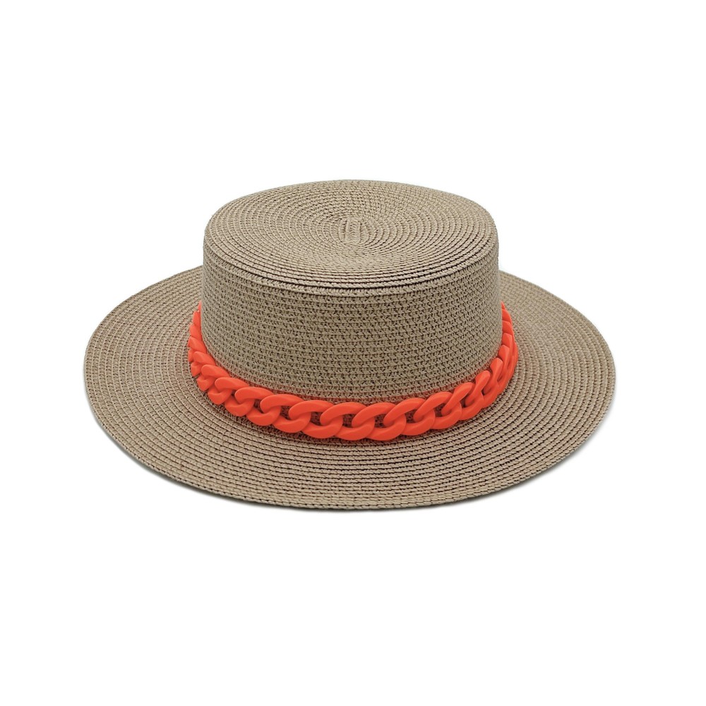 Straw Panama Hat With Coated Chain Link Trim - One Size Fits Most - Adjustable Drawstring Inside Hat - 100% Paper Straw - Hat Brim Approximately 4.5" W - Camel Hat With Orange Rubber Coated Chain view 6