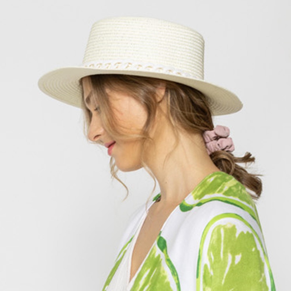 Straw Panama Hat With Coated Chain Link Trim - One Size Fits Most - Adjustable Drawstring Inside Hat - 100% Paper Straw - Hat Brim Approximately 4.5" W - Off White Hat With Off White Rubber Coated Chain view 2