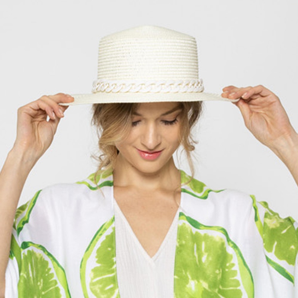 Straw Panama Hat With Coated Chain Link Trim - One Size Fits Most - Adjustable Drawstring Inside Hat - 100% Paper Straw - Hat Brim Approximately 4.5" W - Off White Hat With Off White Rubber Coated Chain view 4