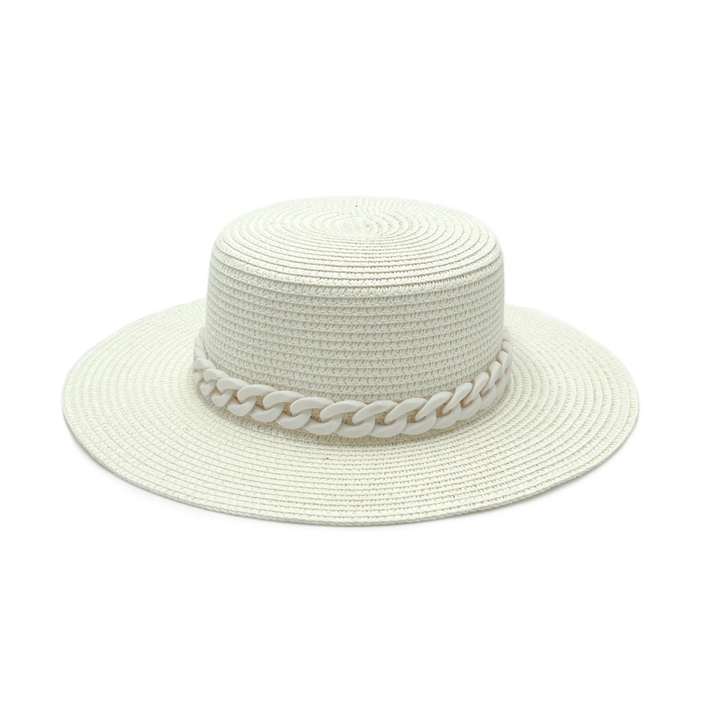 Straw Panama Hat With Coated Chain Link Trim - One Size Fits Most - Adjustable Drawstring Inside Hat - 100% Paper Straw - Hat Brim Approximately 4.5" W - Off White Hat With Off White Rubber Coated Chain view 6