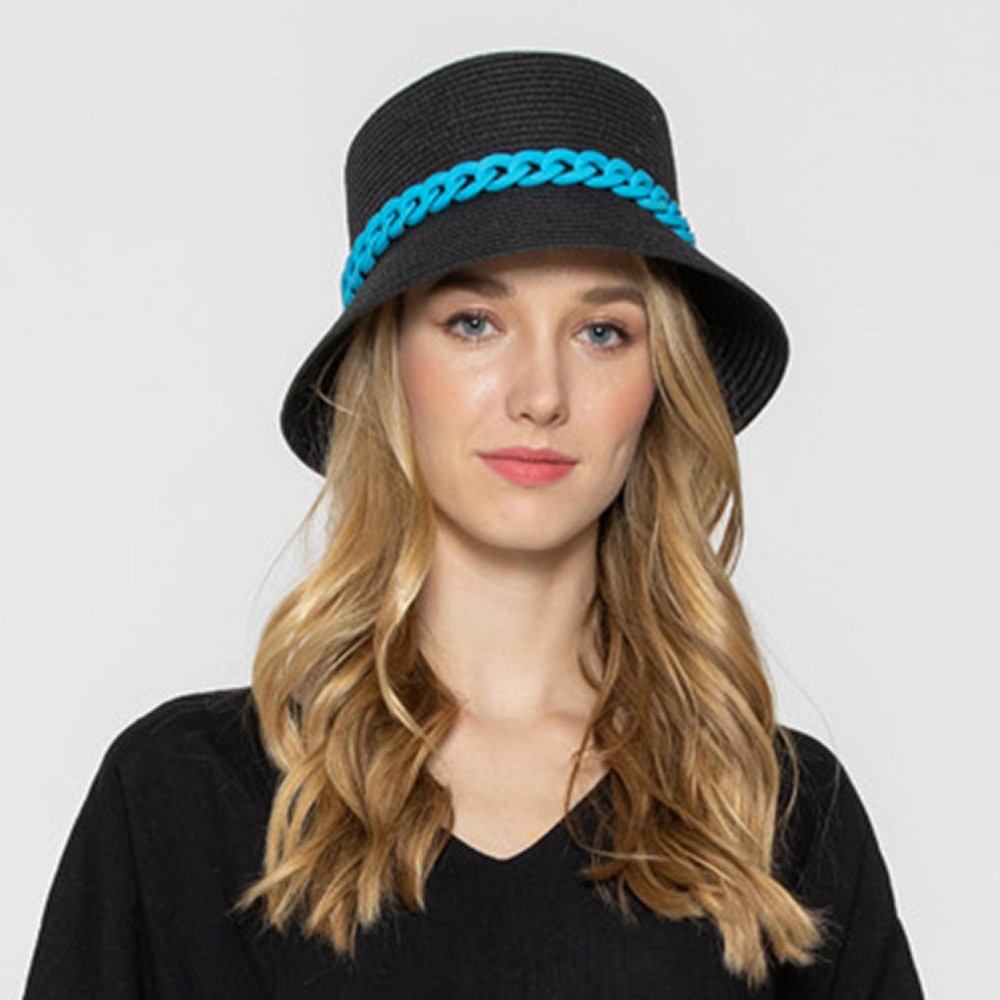 Straw Bucket Hat With Coated Chain Link Trim - One Size Fits Most - Adjustable Drawstring Inside Hat - 100% Paper Straw view 2